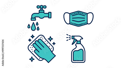 Hygiene and cleaning icons with cleaning sanitation disinfection prevention spotless protection hygienic