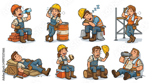 Exhausted Construction Workers Set Vector Illustration Diverse Laborers Taking Breaks During Workday Showing Fatigue and Relief