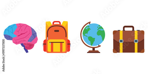 The Tools for Growth: Illustration showing essential tools for learning and success, emphasizing brain function, educational equipment, world exploration, and career preparation.