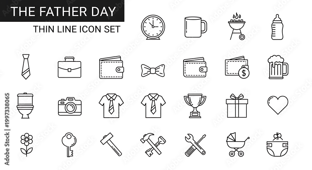 Fototapeta premium Thin line set for father's day featuring tools, gifts, sports, and heart symbols