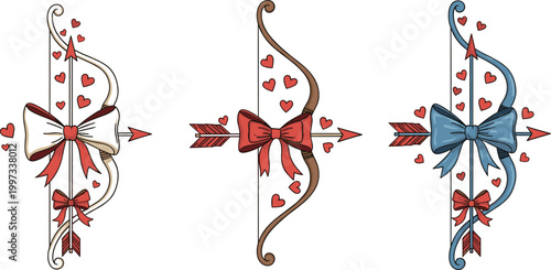 Cupid bow and arrow Valentine vector set with three decorative love bows red hearts ribbon ornate romantic holiday celebration illustration design collection