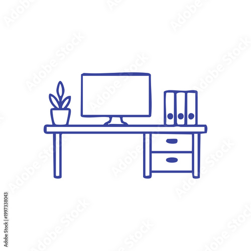 Hand drawn doodle of a home office workspace desk with computer.