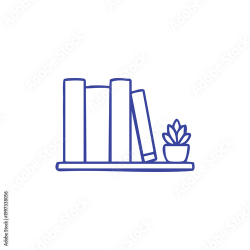 Minimalist outline illustration of books and a small potted plant on a shelf.