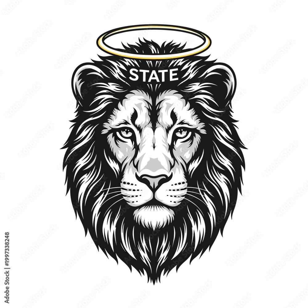 Obraz premium Majestic Lion Head with Halo and 'STATE' Text - Symbol of Power, Royalty, and Divinity