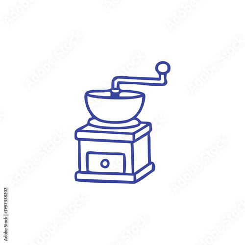 Hand drawn doodle of a classic wooden coffee grinder icon.