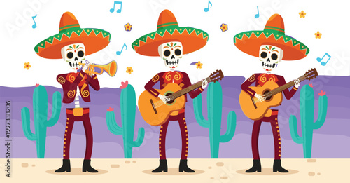 Day of the Dead mariachi skeleton band vector illustration with sugar skull musicians playing guitar trumpet sombrero cactus desert Mexican celebration scene