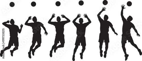Flat vector illustration, volleyball player silhouettes, sequential serve spike motion artwork, dynamic sports action design, athletic progression, ball striking concept