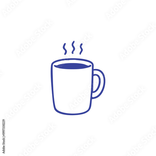 Minimalist blue outline icon of a steaming cup of coffee or tea.