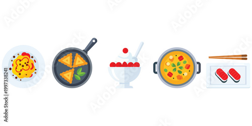 Culinary Array: A vibrant arrangement of delectable dishes, each a testament to the art of cooking. From sushi to soup, the collection celebrates the diverse world of culinary excellence.