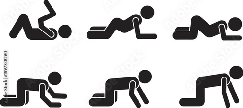Flat vector illustration, stick figure crawling positions, baby development stages, human silhouette artwork, minimalistic design icon, black white graphic