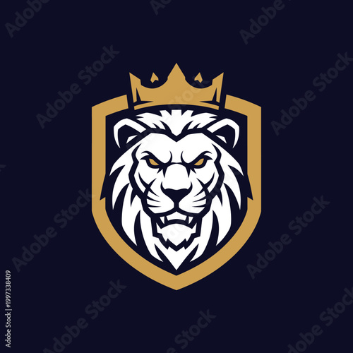 Majestic Lion Head with Crown and Shield Emblem - Royal Power Symbol