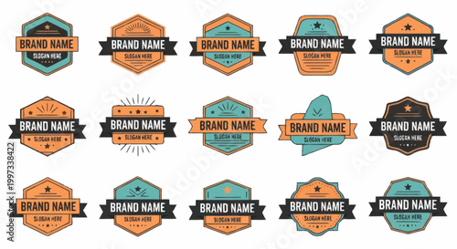Collection of Vintage Style Brand Name Labels and Badges.