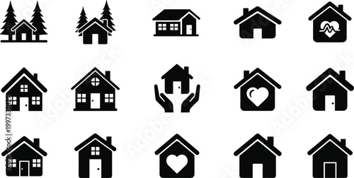 House icon collection vector, home building real estate property symbols set modern housing silhouette icons isolated design