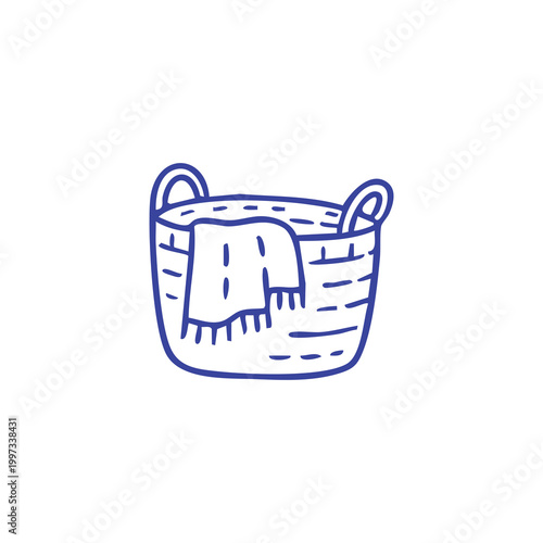 Hand drawn illustration of a woven laundry basket with a towel inside.