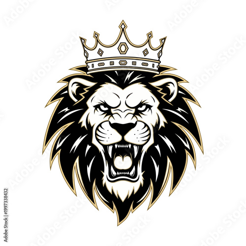 Majestic Lion Head with Crown, Fierce Roar, Symbol of Power and Royalty