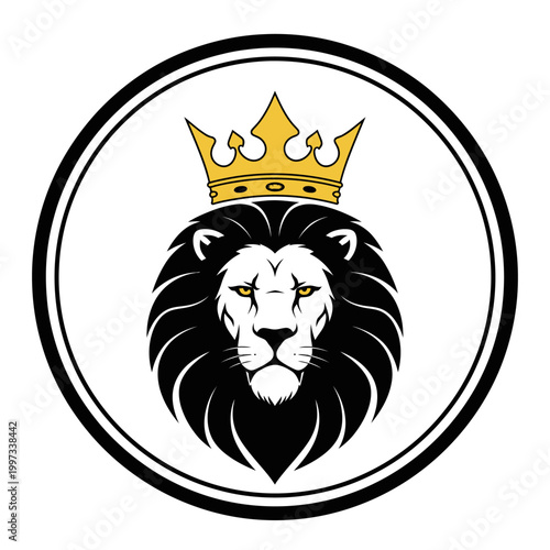 Majestic Lion Head with Golden Crown Emblem - Royal Power and Strength Symbol
