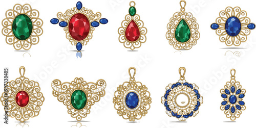 Vintage Gold Jewelry Pendant Set with Colorful Gemstones Filigree Design Luxury Ornamental Accessories Collection Flat Vector Illustration