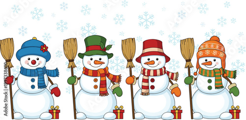 Cute Christmas snowman vector set with four cheerful snowmen holding brooms wearing colorful hats scarves mittens snowflake winter holiday collection design