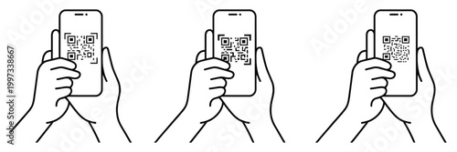 qr code scanning in smartphone hand holding mobile phone barcode scanner for pay mobile app web icon sheet vector illustration, modern digital payment technology concept