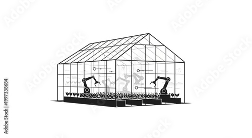 Industrial greenhouse with robotic farming equipment.