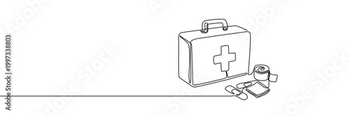 Continuous one line first aid kit emergency medical pharmacy health. First emergency aid kit bag doctor medicine art care white isolated case box hospital tool drawing paramedic background instrument.