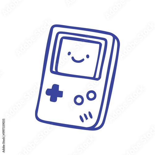 Hand drawn doodle illustration of a retro portable gaming console with a happy face.