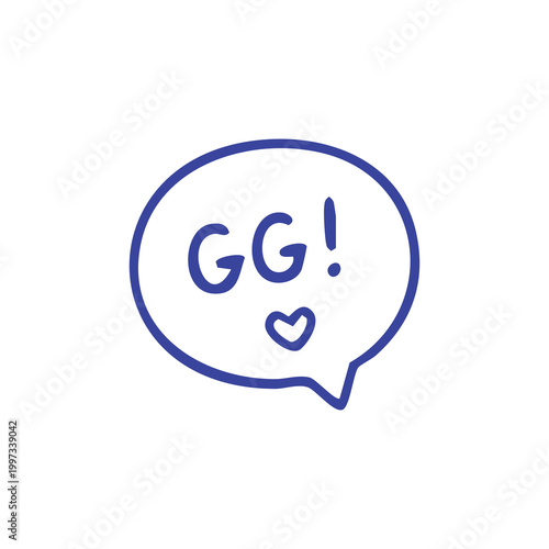 Hand drawn speech bubble with GG and heart icon.