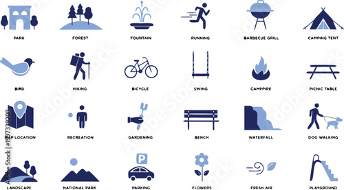 Park icon set. outdoor and park activity icon set in flat vector style. Containing forest, barbecue, camp, bench, picnic and playground icons.
Vector illustration eps10