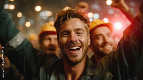 Celebrating Industrial Pride: A group of hard-working industrial workers, radiating jubilance and togetherness, raise their hands in a moment of communal triumph.