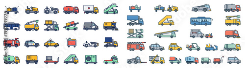 Luxury Minimal Airport Ground Vehicle Icon Set With Elegant Line Art