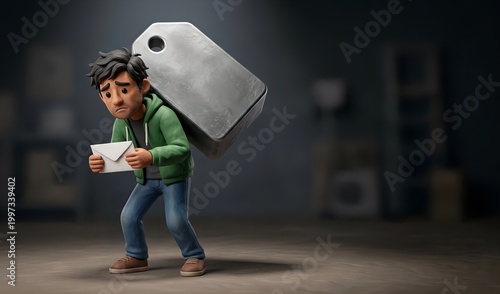 Exhausted diverse person holding a shrinking envelope while crushed by a giant blank price tag weight, stagflation and inflation concept, 3d clay animation style