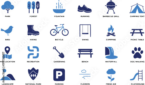 Park icon set. outdoor and park activity icon set in flat vector style. Containing forest, barbecue, camp, bench, picnic and playground icons.
Vector illustration eps10