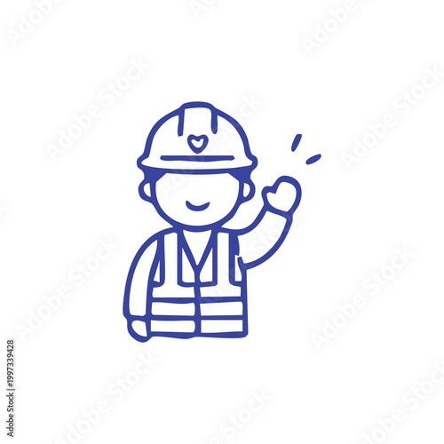 Friendly Construction Worker Icon Line Art Illustration.