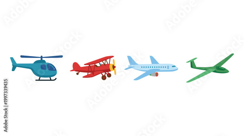 vector A diverse assortment of four aircraft, including a helicopter and airplanes, are presented on a white backdrop.
