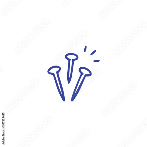 Hand drawn doodle illustration of three metal construction nails.