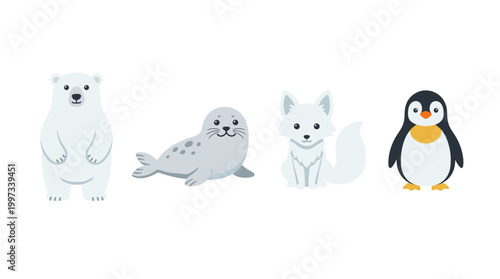 vector Four arctic animals, including a polar bear and penguin, are depicted in a row on white.