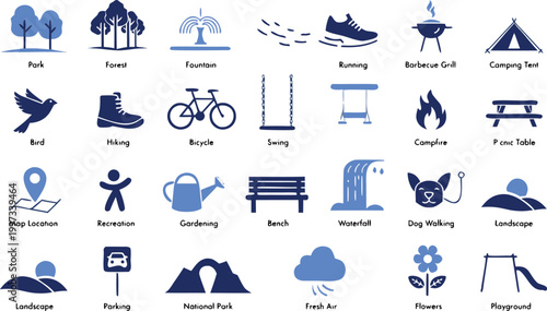 Park icon set. outdoor and park activity icon set in flat vector style. Containing forest, barbecue, camp, bench, picnic and playground icons.
Vector illustration eps10