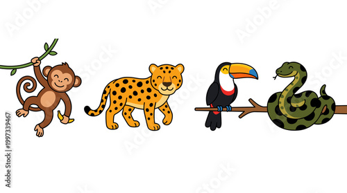 vector A jungle scene with a monkey, leopard, toucan, and snake is illustrated on white.