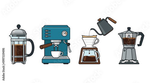 vector Various coffee brewing methods, like espresso and pour-over, are illustrated on white.