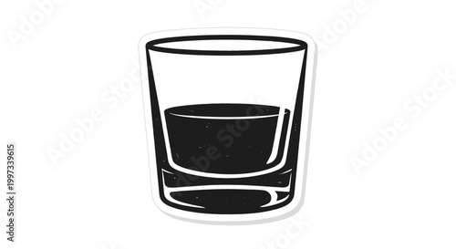 Minimalist illustration of a glass with dark liquid, black and white drawing, isolated on white background