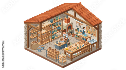vector An isometric illustration depicts a bustling ancient bakery where bakers prepare and sell various breads.