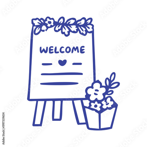 Doodle illustration of a welcome sign with floral decorations.