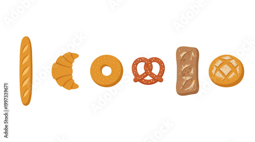 vector A diverse vector collection of baked goods featuring baguette, croissant, donut, pretzel, loaf, and round bread.