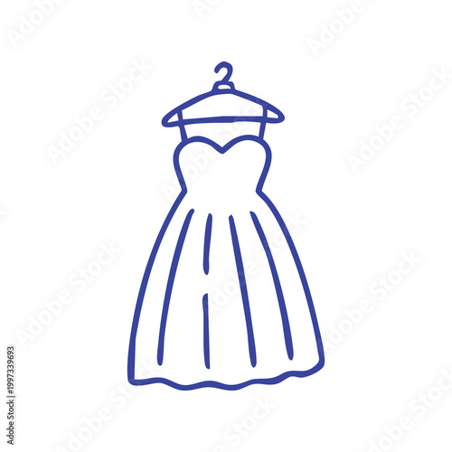 Simple line art illustration of a dress on a hanger.