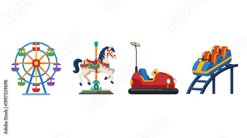 vector Iconic amusement park rides depicted, featuring a Ferris wheel, carousel, bumper car, and thrilling roller coaster.