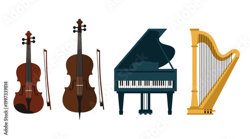 vector A collection of classical musical instruments including violin, cello, piano, and harp on transparent background