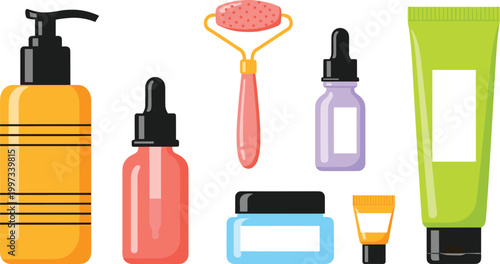 Colorful skincare and beauty product vector set with pump bottle, serum dropper, face roller, cream jar, tube and brush cosmetic flat collection