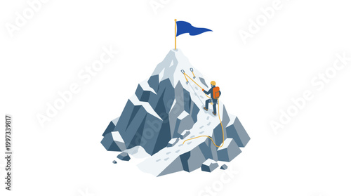vector A determined climber ascends a snowy mountain peak towards a blue flag on transparent background