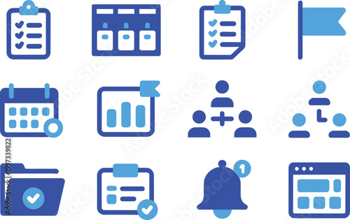 Office Administration and Workflow Solid Icon Set Featuring Clipboard, Calendar, Folder and Notification Editable Vector Illustration