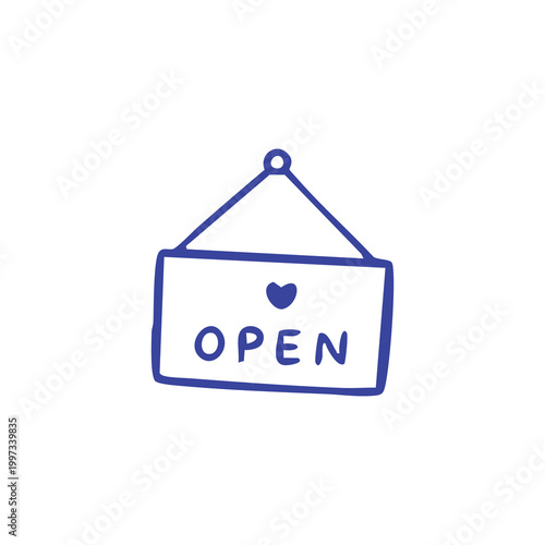 Hand drawn doodle of a store hanging open sign with a small heart icon.